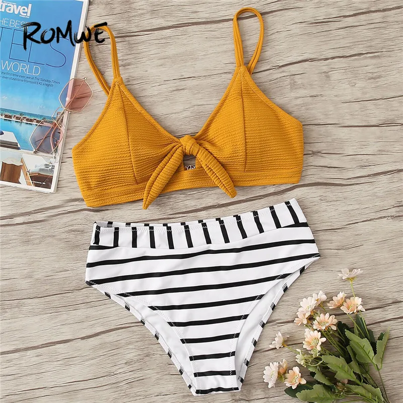 

Romwe Sport Textured Knot Front Top With Striped Bikini Set Wireless Spaghetti Strap Swimwear Women Sexy High Waist Bathing Suit