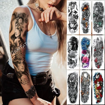 

Large Arm Sleeve Tattoo Midnight Leopard Beauty Girl Waterproof Temporary Tatto Sticker Moonlight Rose Full Skull Tatoo Women