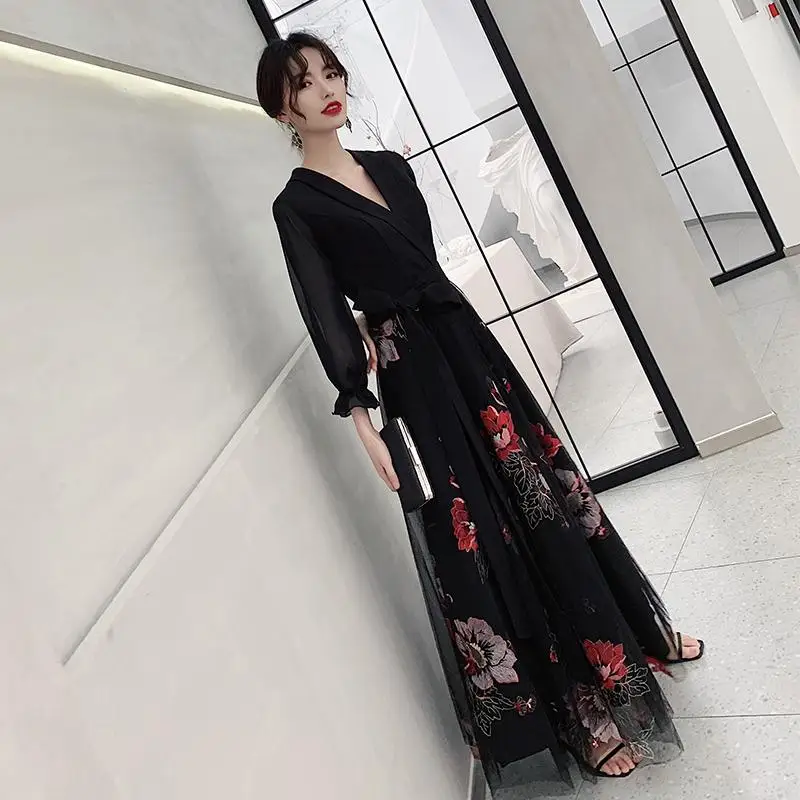 Женское вечернее Сетчатое платье с рукавом-бабочкой, блестящее, Qipao, сексуальное, перспективное, Cheongsam, благородное, длинное, тонкое, китайское платье - Цвет: Black 7