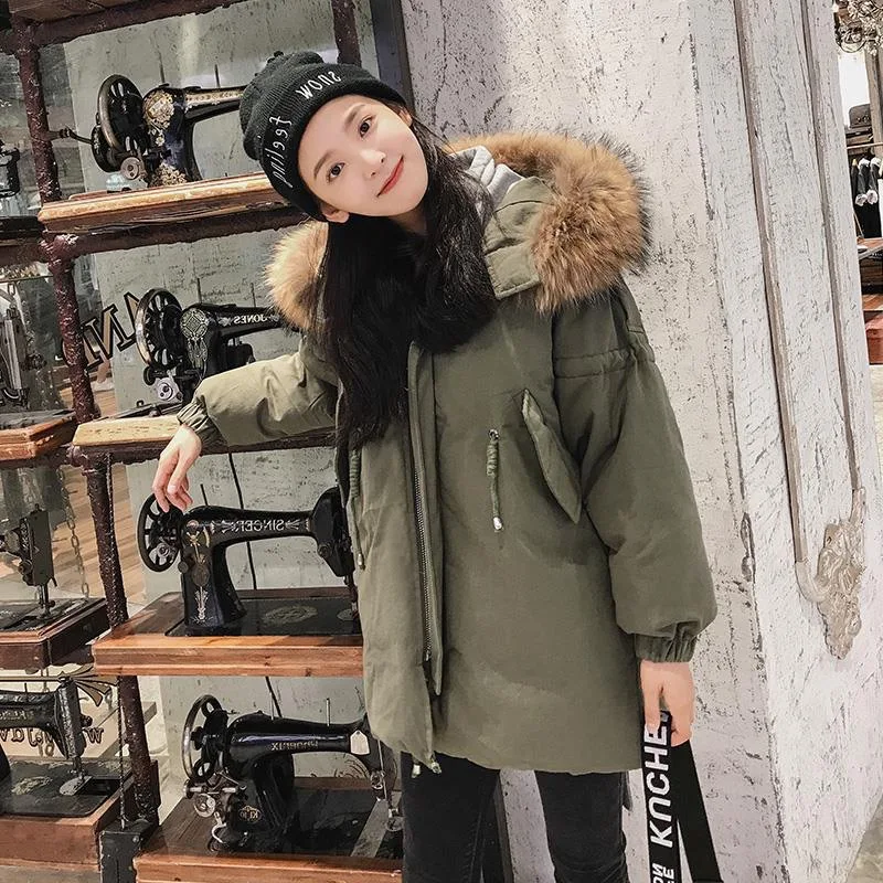 

2019chic Faux Large Fur Collar Hooded Workwear Cotton Coat Women's Winter Drawstring Waist Hugging Army Green Cotton-padded Clot
