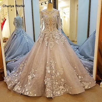 

LS38520 long sleeve evening dress lace A line zipper back gray 3D flowers mother of the bride dresses abendkleider real photos