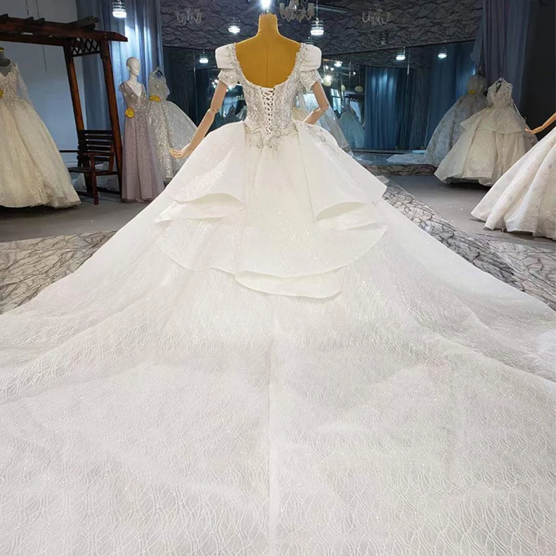HTL2080 Elegant Extravagant Sequin Crystal Pearls Wedding Dress 2021 Square Collar Neck Short Sleeve Lace Up Back 2