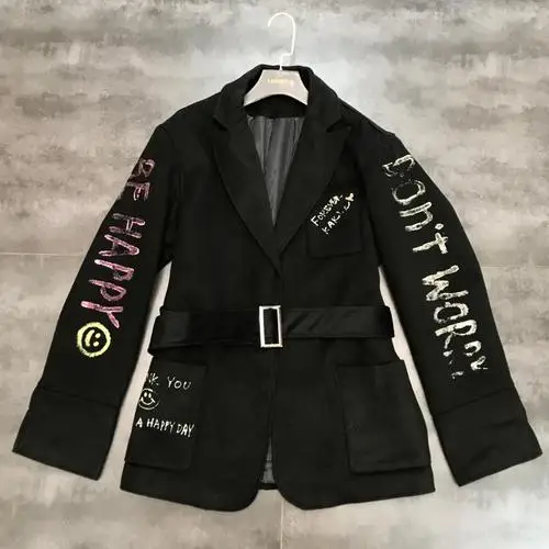 Осень и зима буквенный ремень с рисунком талии твидовый костюм куртка пальто женский модный черный блейзер приталенная одежда - Цвет: Черный