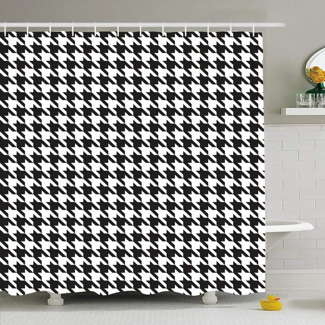 

Shower Curtain Set with Hooks 66x72 Style Square Houndstooth Suit Repeat Tooth Pattern Textile Black Shape White Traditional
