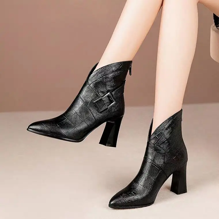 

Sexy Women Boots 2020 Spring Autumn V-Neck High Heels Ankle Shoes Boots Leather Booties Feminina Woman Wedding Party Shoes