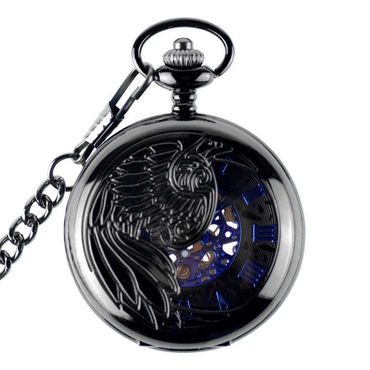Мужские часы Античный стимпанк Скелет Классический синий цвет Механические карманные часы ожерелье цепь