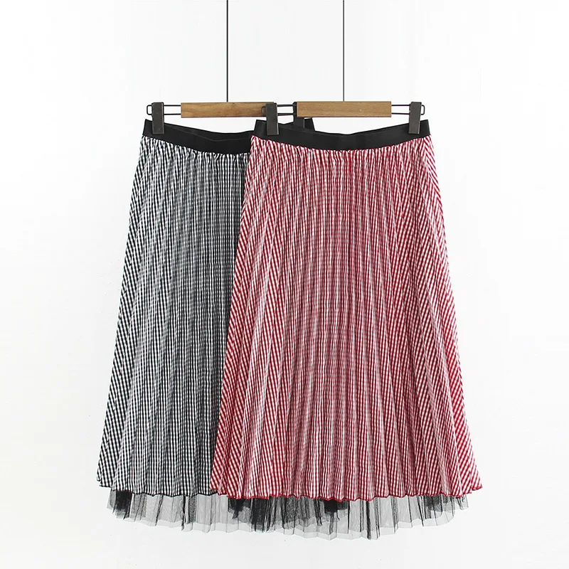 

2019 Spring And Summer New Style Slender Long Elastic Waist Bluish Black Two-color Refreshing Pattern Slimming Medium-length Ple