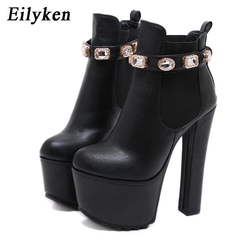 

Eilyken 2020 Autumn Quality Crystal Fashion Women Ankle Boots High Heels Platform PU Leather Short Booties Black Ladies Shoes
