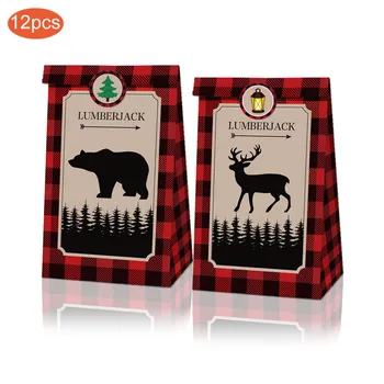 

Merry Christmas Lumberjack Party Gifts Candy Bags Brown Bear Elk Stickers Happy Birthday Party Paper Bags Xmas Party Decorations