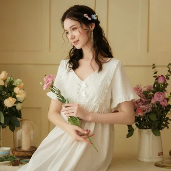 

2020 Short Sleeved Cotton White Nightdress Female Summer Princess Sweet Plus-sized Sleepwear Nightgown Home Dress For Sleeping