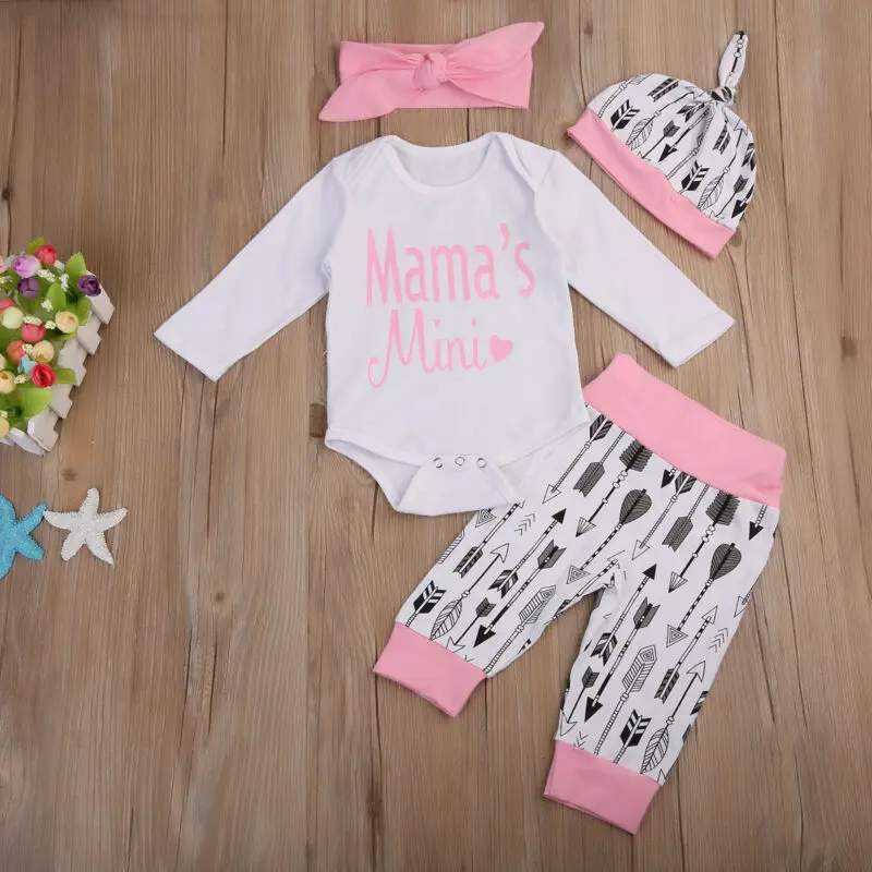 

4Pcs Newborn Baby Girls Tops Romper Pants Leggings Hat Outfit Set Clothes 0-18M