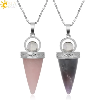 

CSJA Natural Stones Cone Pendants Necklaces Healing Tiger Eye Pink Quartz Lapis White Crystal Fashion Jewelry for Women Men G246