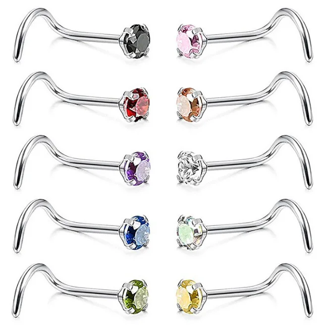 100Pcs CZ Nose Ring Popular Zircon Curved Stud L Anti-Allergy Steel Ornament Cubic Zirconia 3mm Wholesale