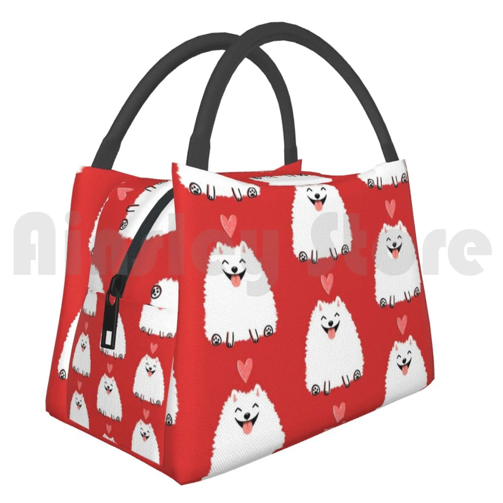 

Portable Insulation Bag Fluffy White Pomeranian With Valentine Heart | Cute Cartoon Dog Pomeranian Pom