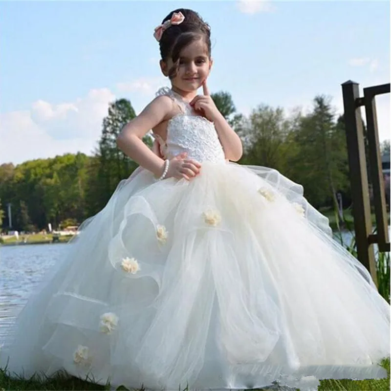 177 Flower Girls Dresses For Weddings Layers Handmade Flowers Lace Girls Wedding Dress Tulle Puffy Kids Party Prom Dress