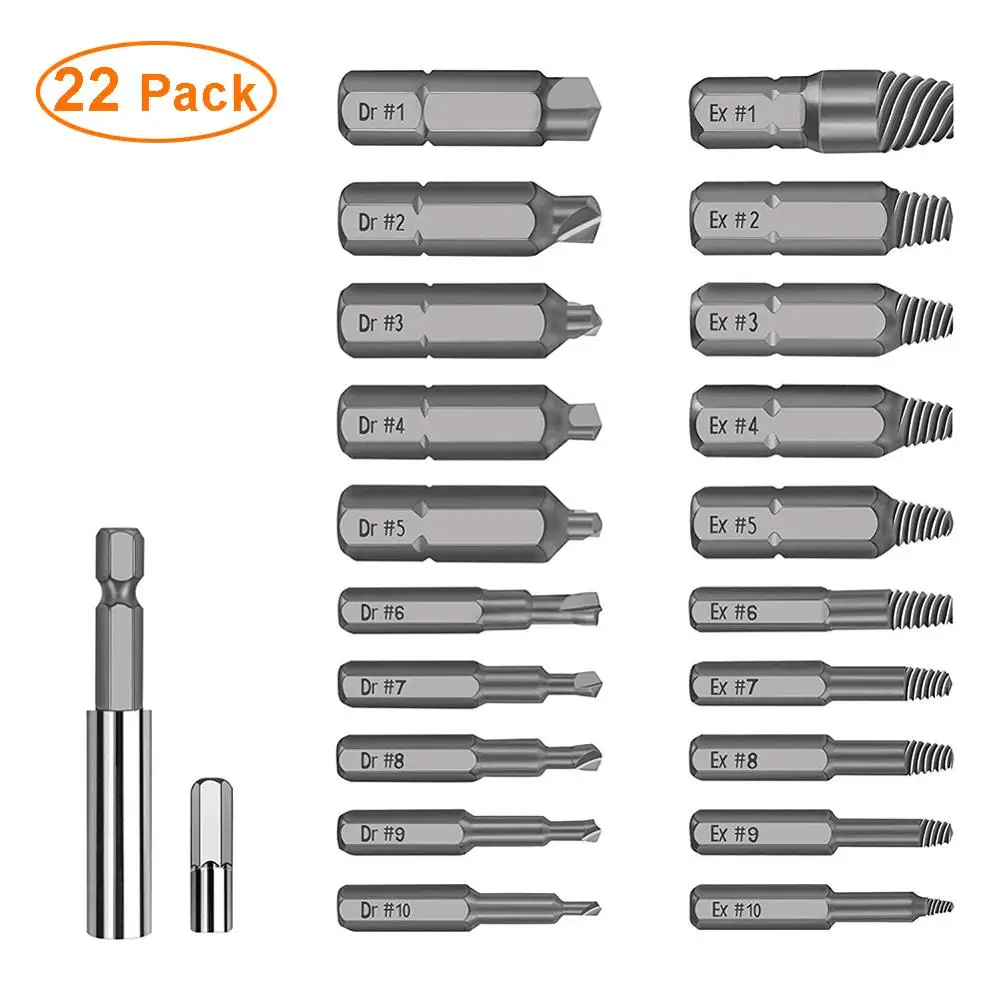 DINGGUANGHE-CUP Drill Bits 22Pcs Damaged Stripped Screw Extractor Set HSS Broken Bolt Extractor Screw Easy Out Remover Set with Bit Holder Socket Adapter Power Tool Accessories 