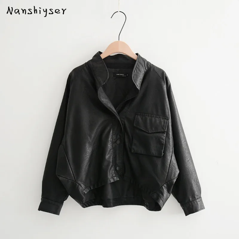 

Harajuku Autumn Asymmetrical Batwing sleeves Loose Women Faux PU Soft leather jacket Oversized Short Black biker coat streetwear