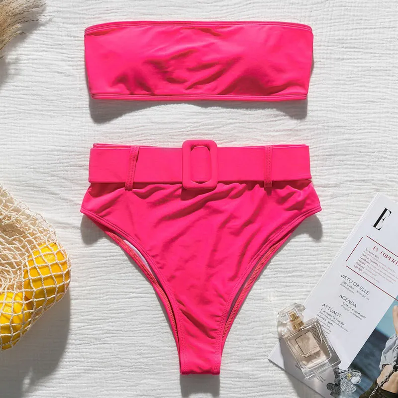 Misswim, бикини с высокой талией,, бандо, купальник для женщин, купальный костюм с поясом, купальник с принтом, без лямок, летняя пляжная одежда - Цвет: 2190-4