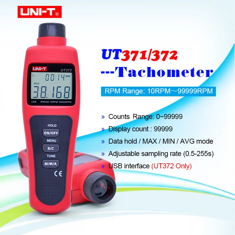 

UNI-T UT372 99999 Counts Non-Contact Tachometers Target RPM Range 10~99999 MAX/MIN/AVG Test Distance 5~20cm USB Interface