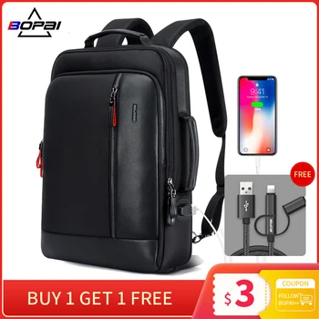 

BOPAI USB Charge Bagpack Men Black Leather Backpack School Bags Hidden Pocket Anti Theft Backpack Men Laptop Backpack sac a dos
