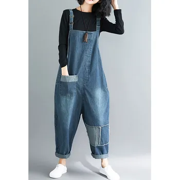 

Supermiss Women Baggy Denim Dungaree Overall Sleeveless Pockets Jumpsuit Loose Long Harem Pants Casual Patchwork Playsuit Romper