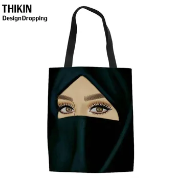 

THIKIN Hijab Face Muslim Islamic Gril Eyes Pattern Lady Shopping Eco Bag Fashion Designer Women Canvas Handbag Tote for Shopper