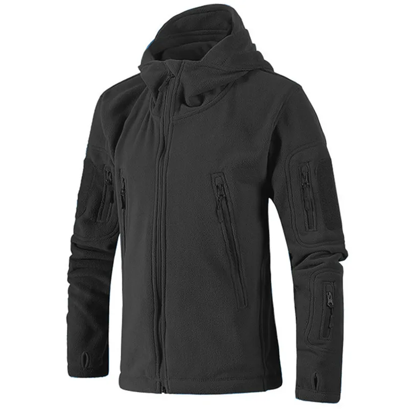 Уличная мягкая оболочка Тактическая Военная одежда для рыбалки Мужская Флисовая утепленная теплая куртка ветровка походная куртка с капюшоном - Цвет: Черный