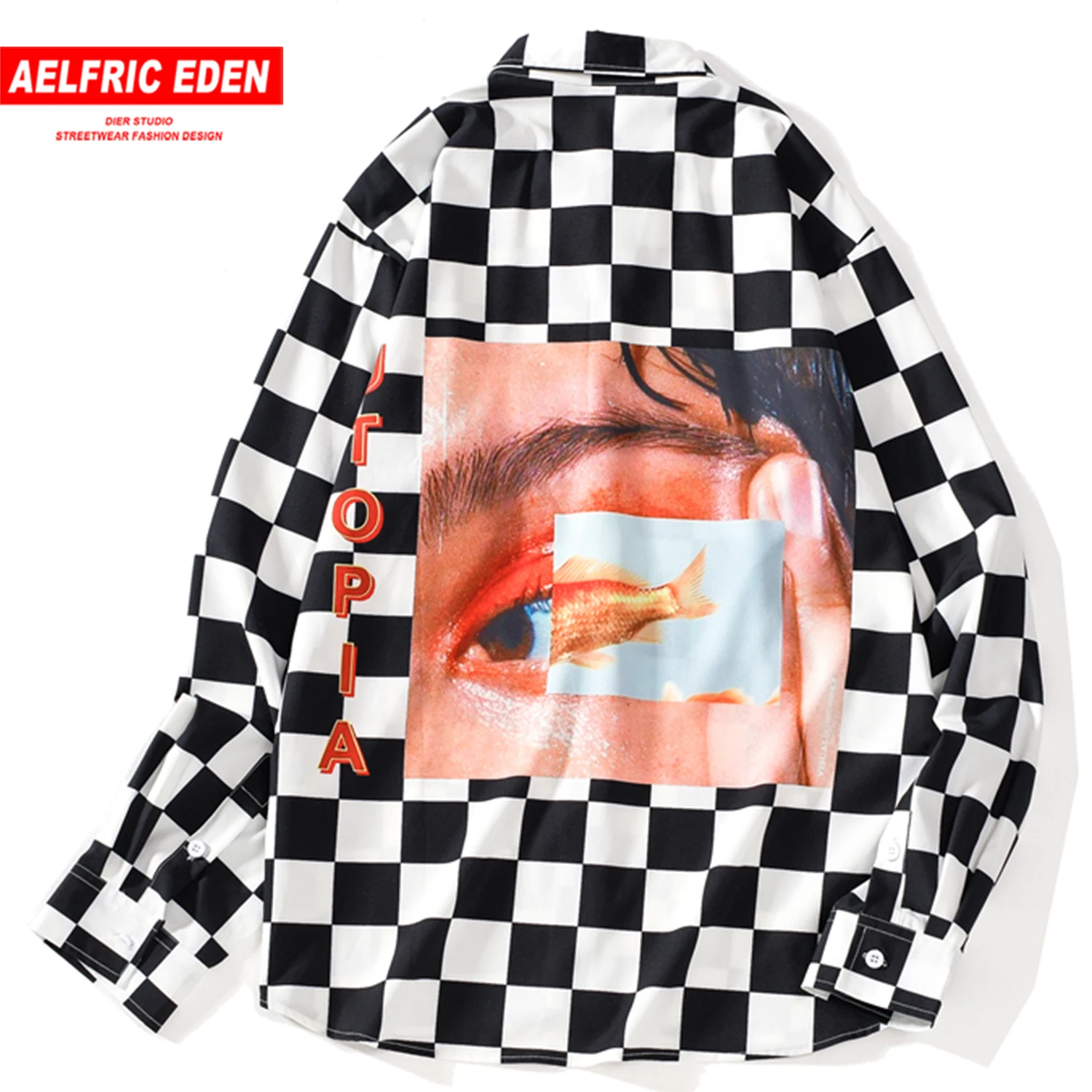 Aelfric Eden Клетчатая Мужская рубашка с принтом глаз Осенняя Harajuku хип хоп топы Модные Повседневные хлопковые мужские Верхняя одежда с длинными рукавами уличная
