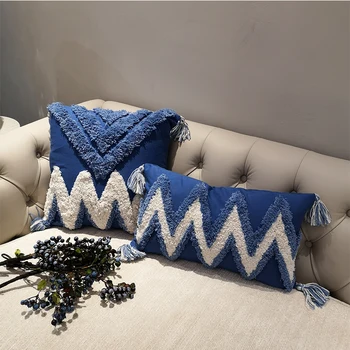 

Handmade Luxury Moroccan Style Cushion Cover Boho Ethnic Navy Blue Pillow Cover with Tassels 45x45cm/30x50cm HomeDecoration