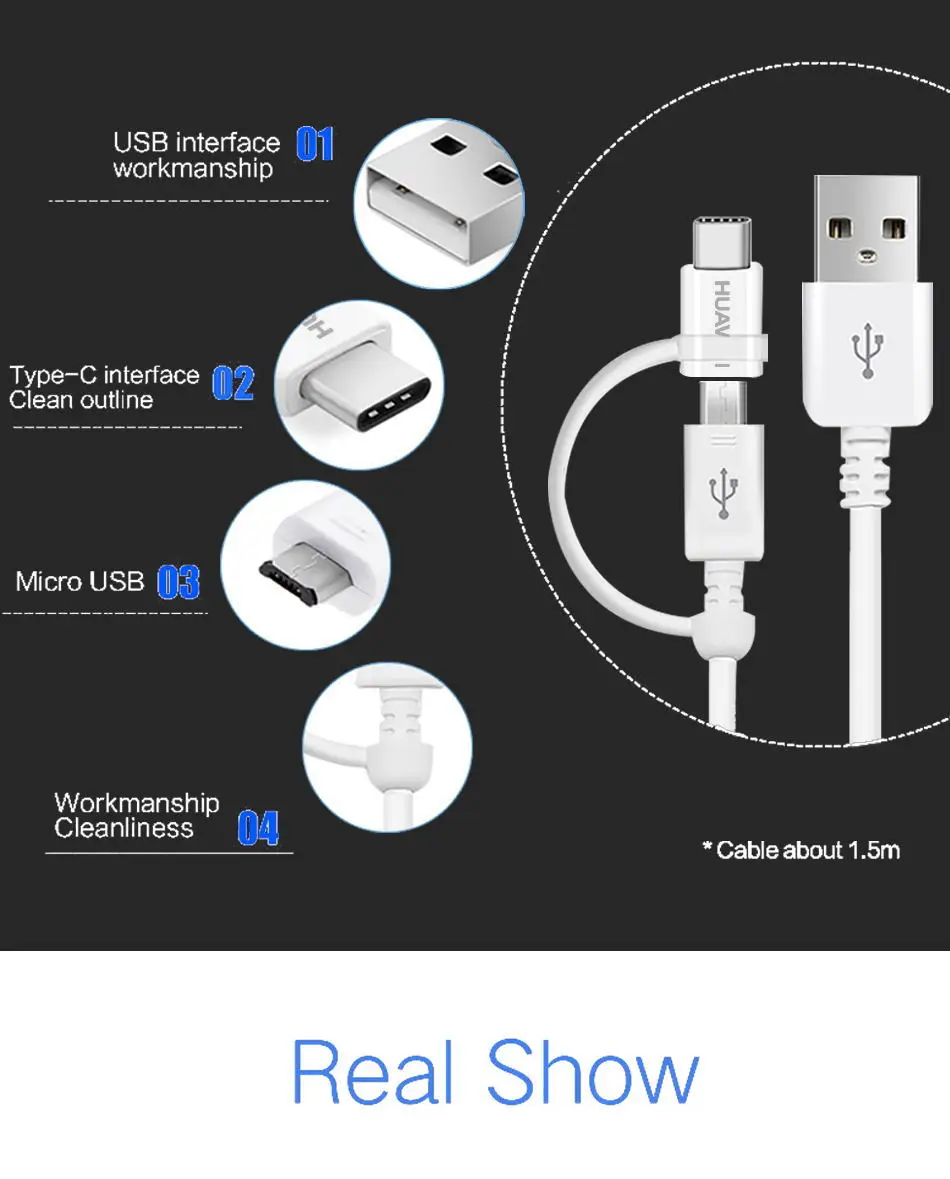 Кабель huawei 2 в 1 Micro USB type C кабель для быстрой зарядки 2A 1,5 M type-C кабель для зарядки P20 Pro Mate10 Mate9 Pro Lite Honor V10