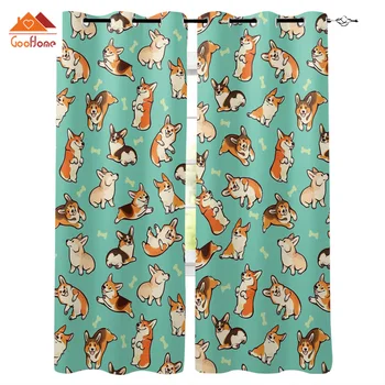 

Corgi Animal Pet Green Window Curtains Living Room Outdoor Fabric Drapes Curtain Home Decor