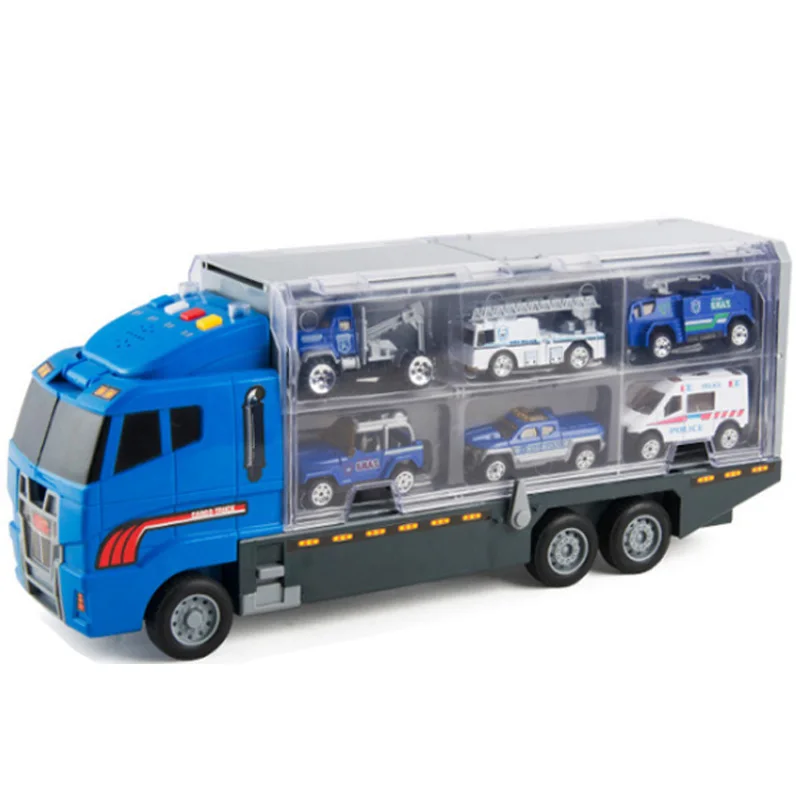 Blue Большой грузовик и 6 шт. Мини Сплав литья под давлением модель автомобиля 1: 64 весы игрушки транспортные средства Перевозчик конструирование грузовика автомобиль игрушки для детей мальчиков - Цвет: Blue