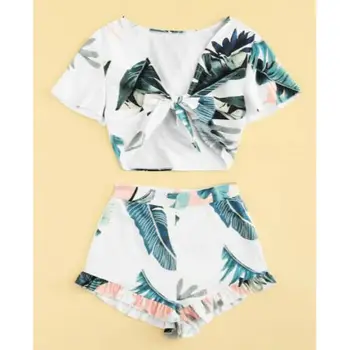 

2019 Summer Women Set Casual Two Piece Short Sleeve Floral Printed Suit Beachwear Cropped Tops Elastic Mini Shorts Sweet Suit