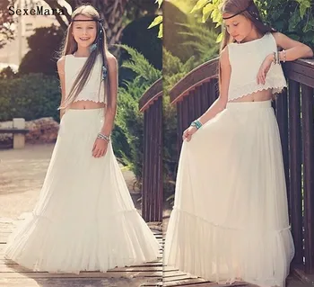 

Bohemian Two Pieces Flower Girl Dresses For Weddings Jewel Child Birthday Party Gowns Girls Pageant Dress