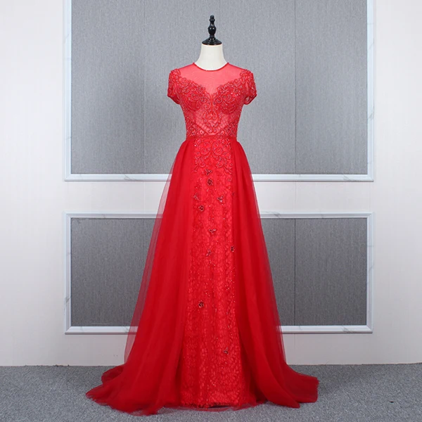 as photo red YY165 Churlya Wurfel red prom dress beaded tassel o-neck short sleeve A-line evening gala dresses elegant vestidos de gala - Color: as photo red