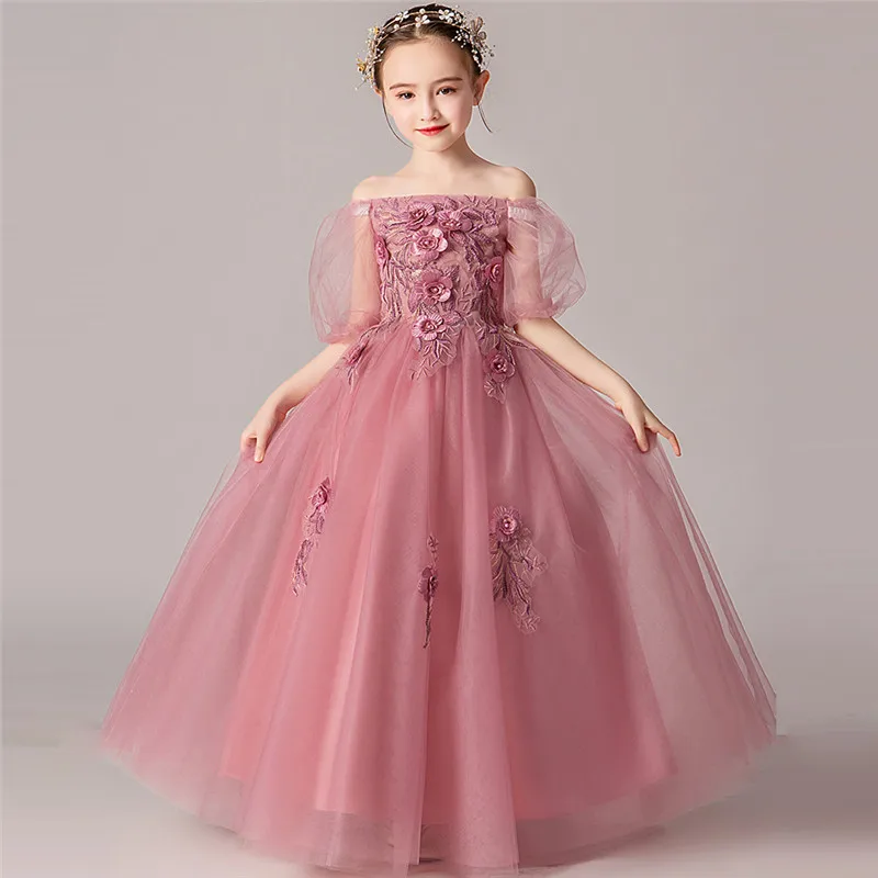 dousha long dress Весна-лето, элегантное детское роскошное Пышное длинное платье принцессы с открытыми плечами и цветочным рисунком на день рождения, свадьбу - Цвет: dousha long dress