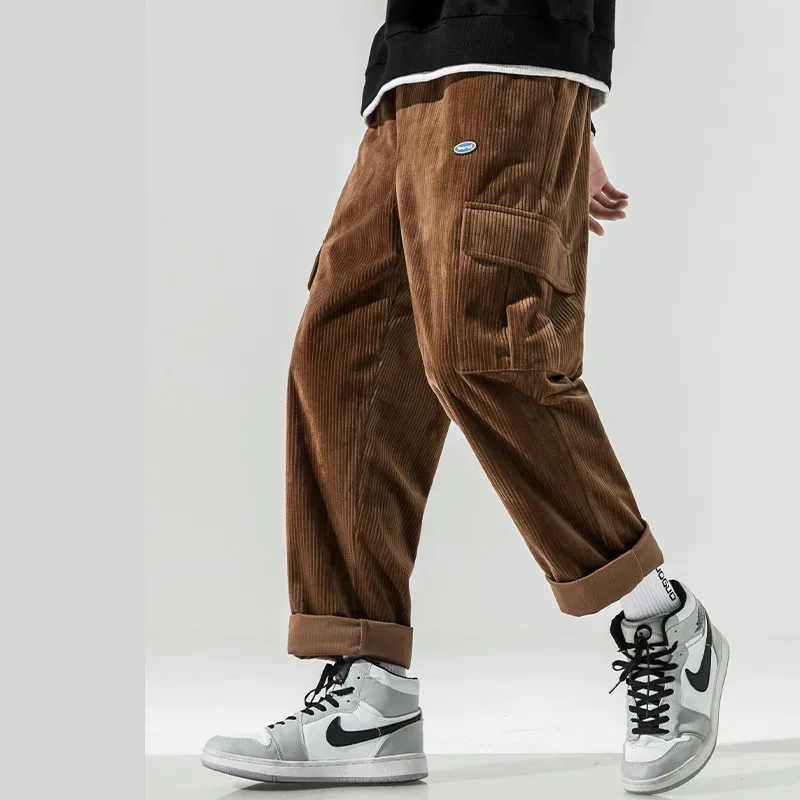 

2021 Men's Corduroy Fabric Casual Pants Loose Cargo Vintage Overalls Trousers Brown/blue Color Thickening Sweatpants M-5XL
