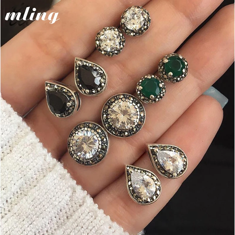 5 пар, женские серьги с кристаллами, ювелирные изделия Букле д 'Орель, серьги-гвоздики в богемном стиле, набор сережек с зелеными каплями, серьги-гвоздики