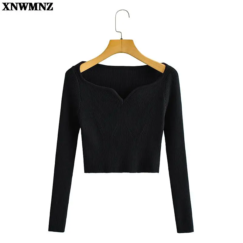 XNWMNZ Autumn Winter elasticity Short Square Collar Thin Knitted Pullovers Sweater Loose V-Neck Long Sleeve Women New Fashion