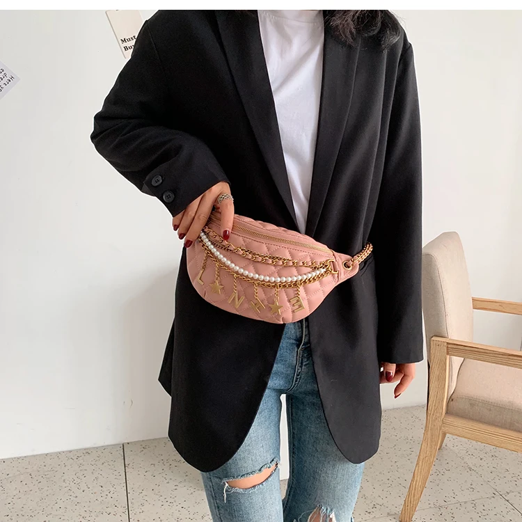 Small Bag Women New Fashion Korean Versatile Messenger Bag Pearl Chain Waist Bag Gold Letter Tassel Chest Bag Nightclub Bag