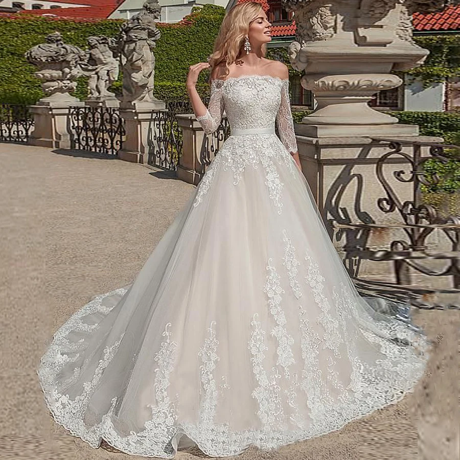

vestido de noiva Off the Shoulder 3/4 Sleeve Lace Applique A-line Wedding dress with A-line Button Court Train robe de mariee
