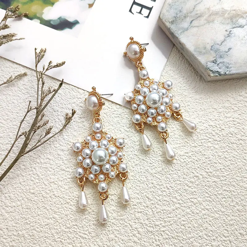 Flatfoosie New Simulated Pearl Drop Earrings For Women Geometric Round Shiny Colorful Crystal Statement Earrings Fashion Jewelry