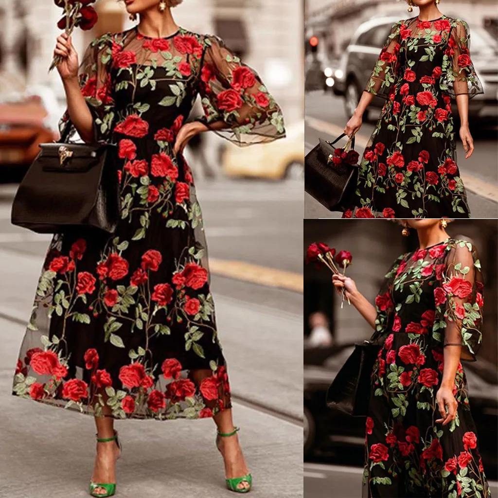 Women's Fashion Sexy Lace Rose Embroidery Wedding Noble Dress party dress kerstjurk vestidos ropa mujer party dress F1