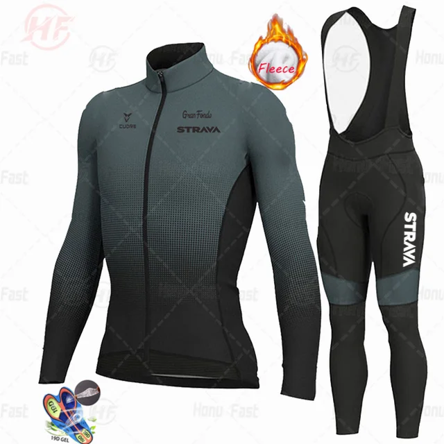 STRAVA 2022 Men Winter Fleece Cycling Jersey Set Keep warm Cycling Clothing  Mountian Bike Bicycle Clothes Ropa Maillot Ciclismo Fleece suit 2