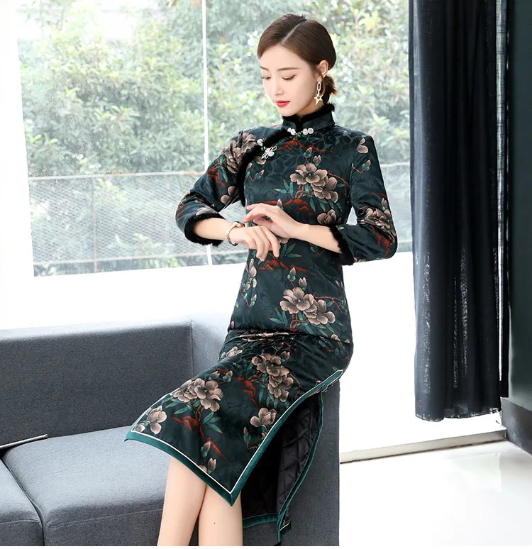 Винтажное хлопковое теплое китайское женское жаккардовое платье cheongsam Осень и зима Новинка