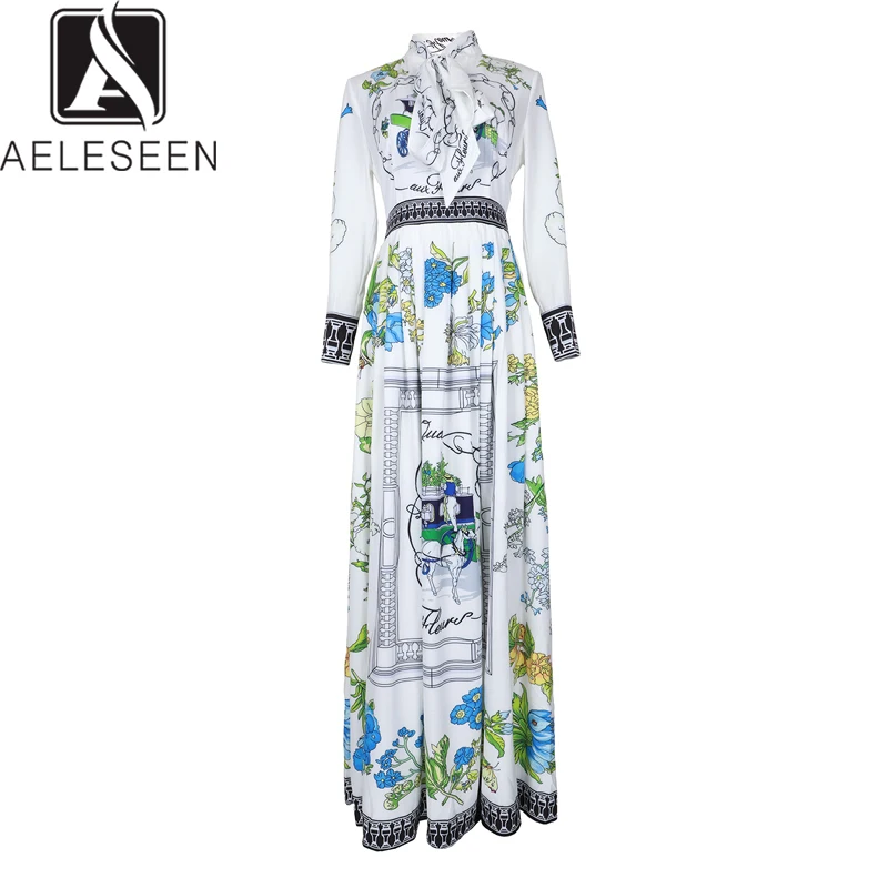 AELESEEN Autumn Vintage Runway Floral Long Dresses Women Elegant Bow Collar Letter Carriage Print Floor-Length Maxi Party Dress