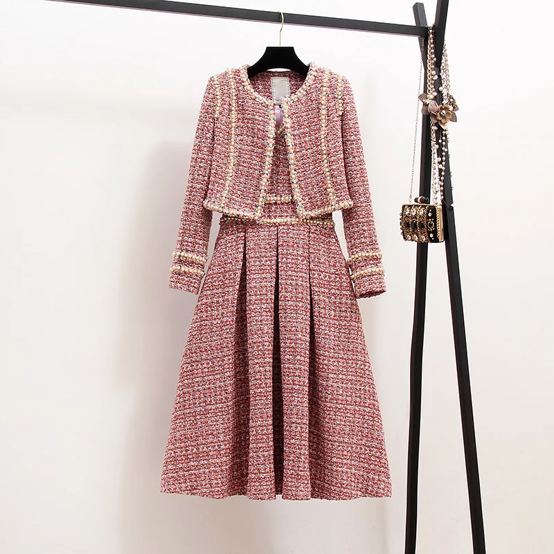 

Fall Winter Tweed Wool Two Piece Set Women Elegant Thick Short Jacket Coat+Plaid Beading Slim Vest Dress Suit Outfit