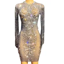 

Sparkly Rhinestones Long Sleeve Net Yarn Perspective Women Dresses Wedding Celebration Outfit Nightclub Performance Wear