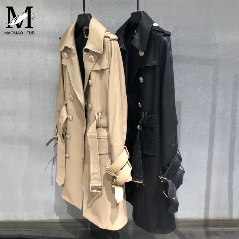 Женская куртка из натуральной кожи, пальто, весенний классический длинный Тренч, Женская двубортная куртка из натуральной кожи, ремень