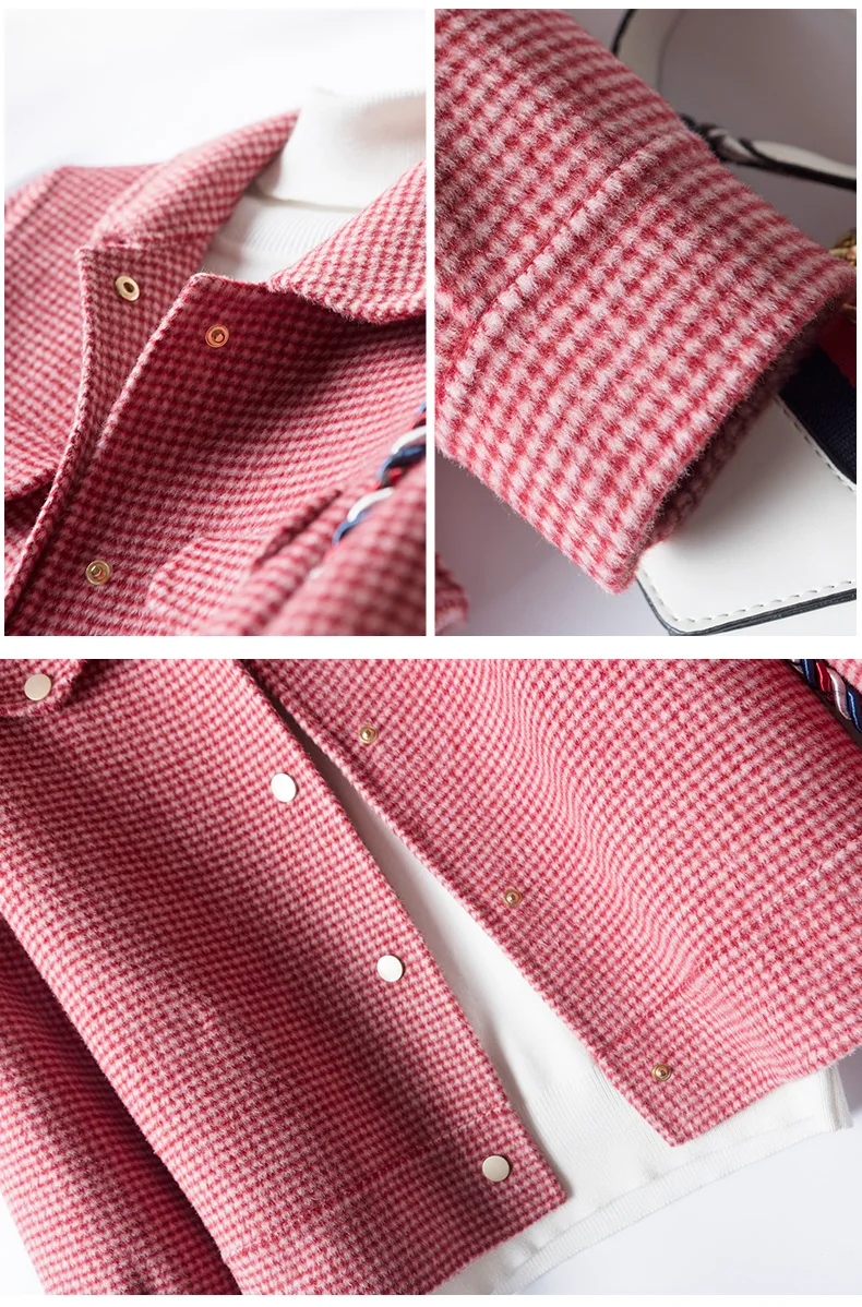 Весеннее короткое шерстяное женское повседневное пальто клетчатое шерстяное пальто